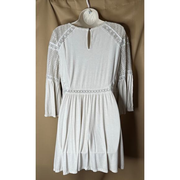 POL Boho Bohemian Oatmeal Long Sleeve Crochet Detail Babydoll Dress Small New - Picture 7 of 8